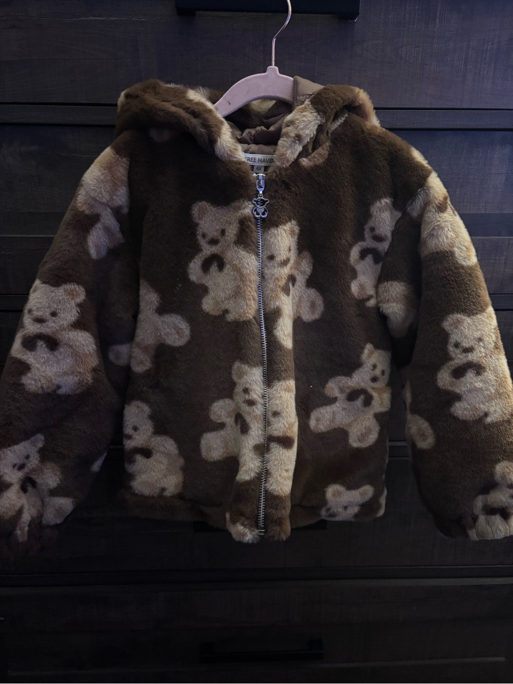 Sweater Project Brown Teddy Print Faux-Fur Hooded Puffer